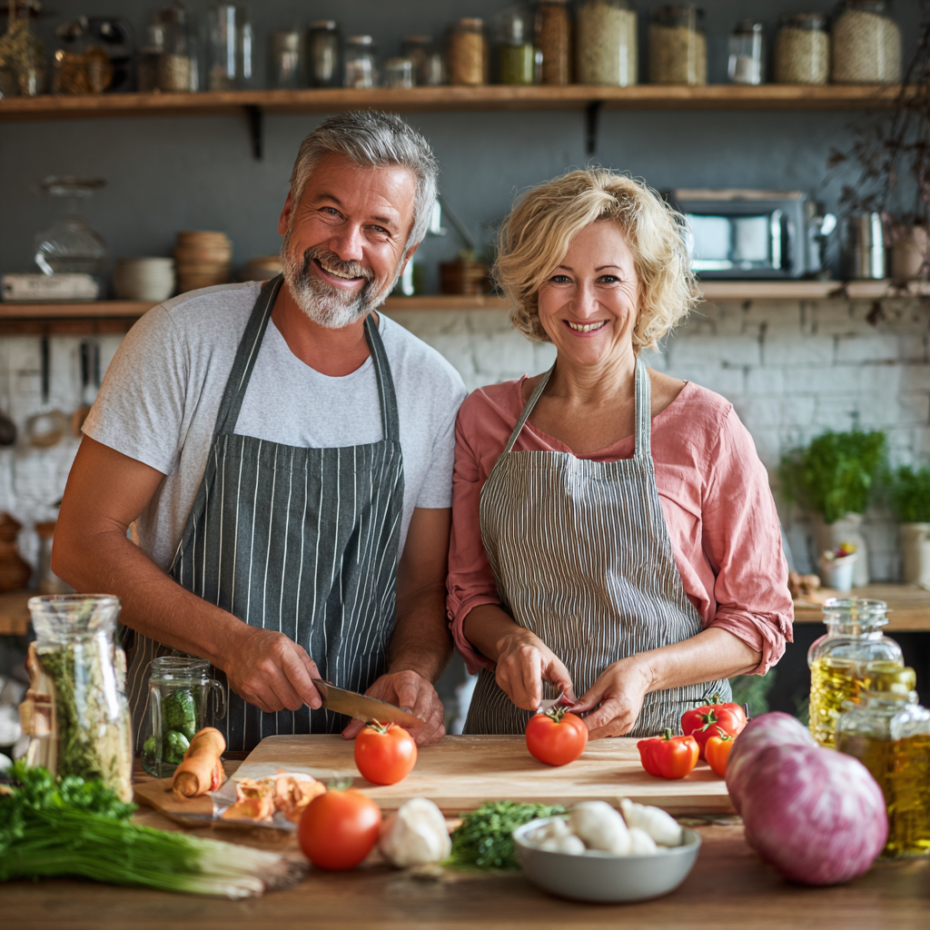 Young Hungarian adult writing in food diary while surrounded by fresh seasonal vegetables and traditional cooking utensils